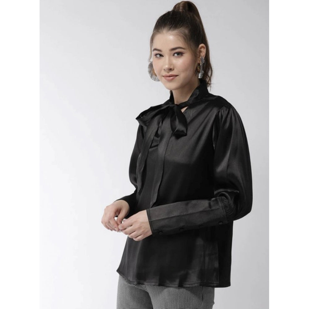 Women'S Polyester Solid Long Sleeves Top (Black)