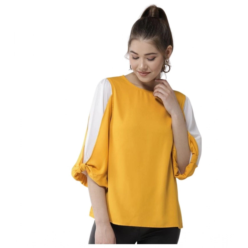 Women'S Polyester Colour Block Slit Sleeve Top (Yellow-White)