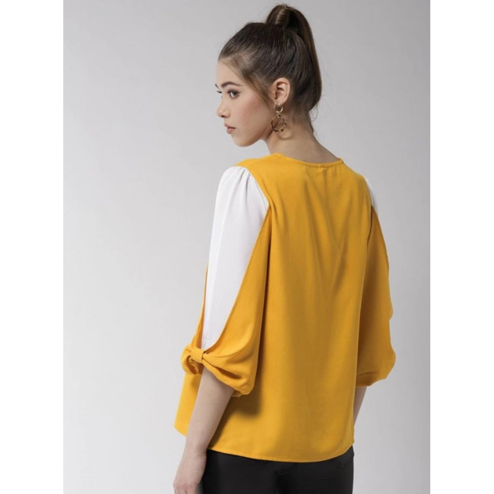 Women'S Polyester Colour Block Slit Sleeve Top (Yellow-White)