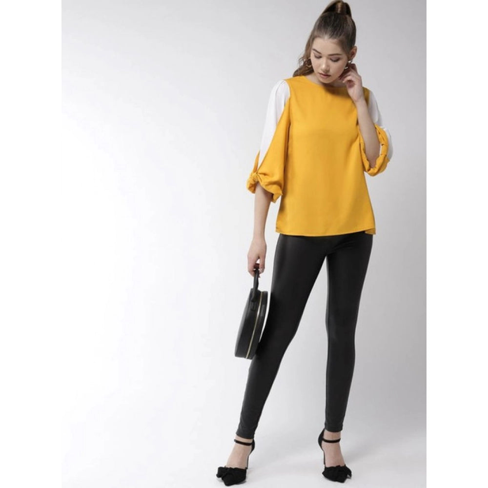 Women'S Polyester Colour Block Slit Sleeve Top (Yellow-White)