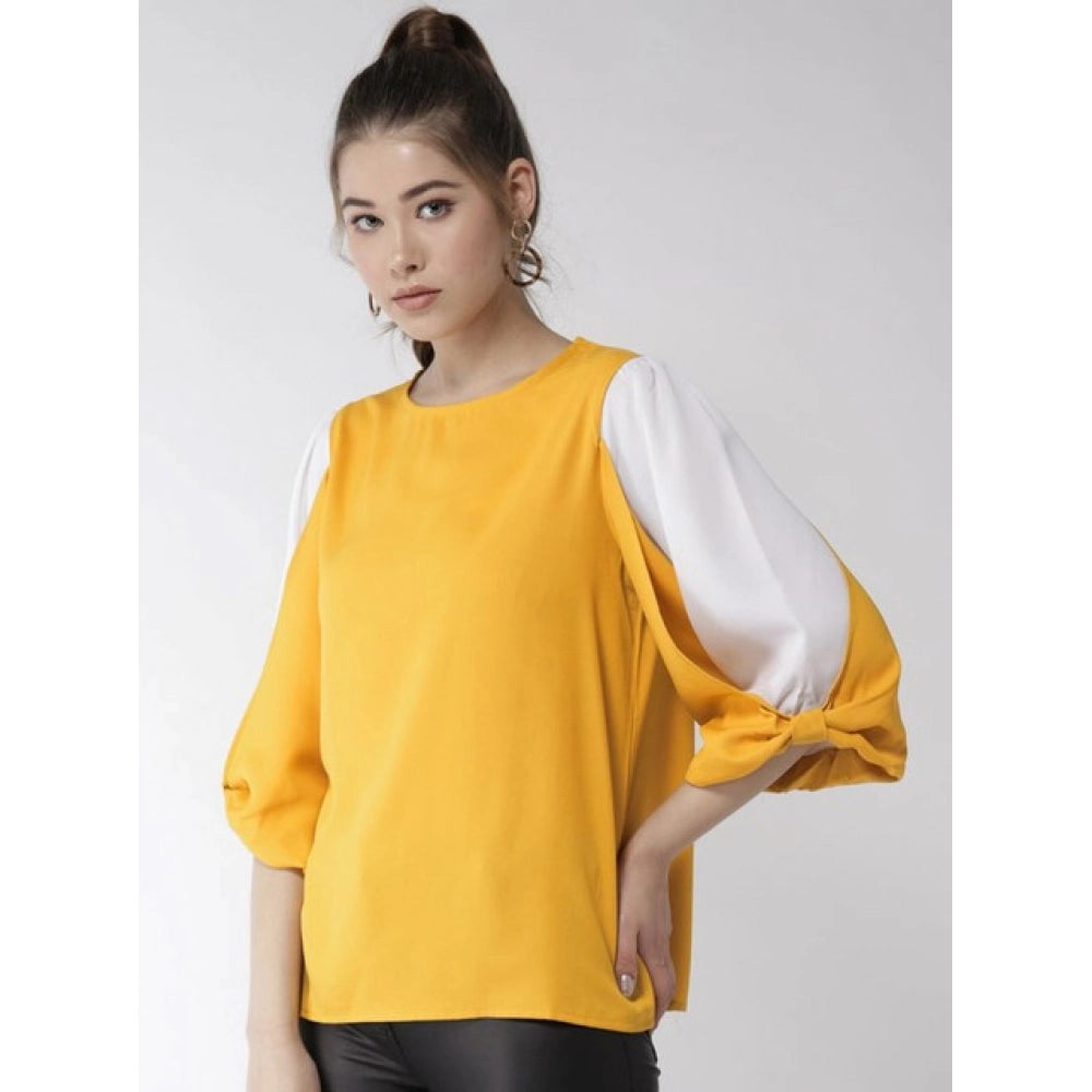 Women'S Polyester Colour Block Slit Sleeve Top (Yellow-White)