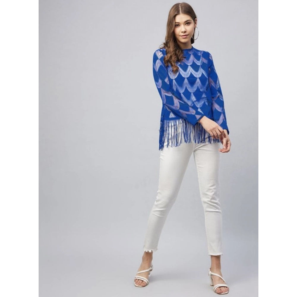 Women'S Lace Self Design Long Sleeves Top (Blue)