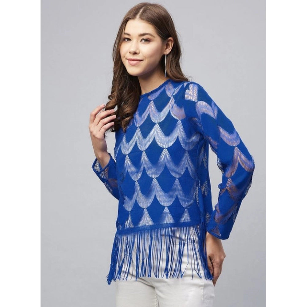 Women'S Lace Self Design Long Sleeves Top (Blue)