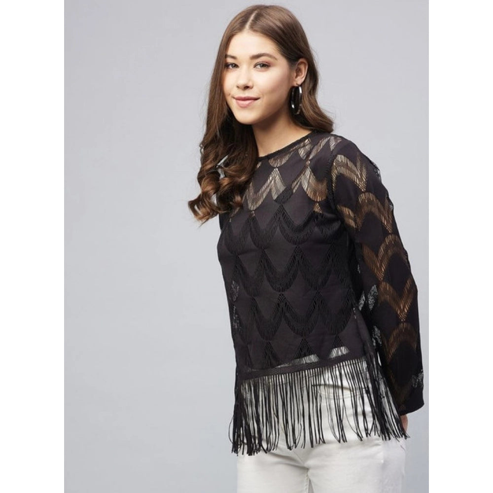 Women'S Lace Self Design Short Sleeve Top (Black)