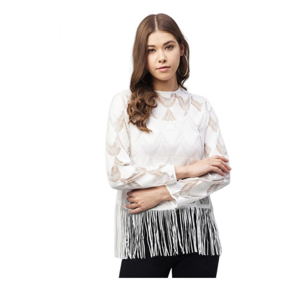 Women'S Lace Self Design Short Sleeve Top (White)