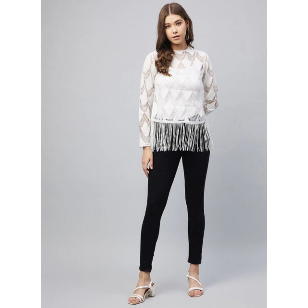 Women'S Lace Self Design Short Sleeve Top (White)