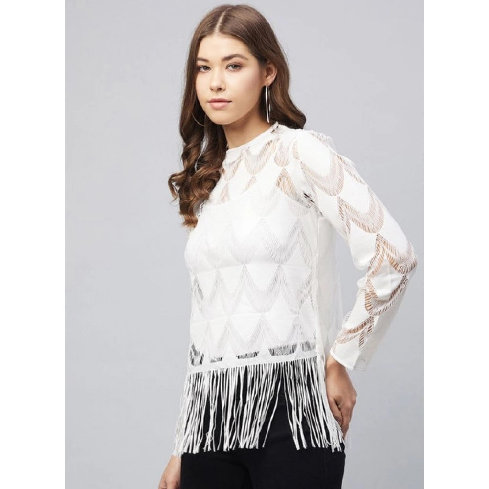Women'S Lace Self Design Short Sleeve Top (White)