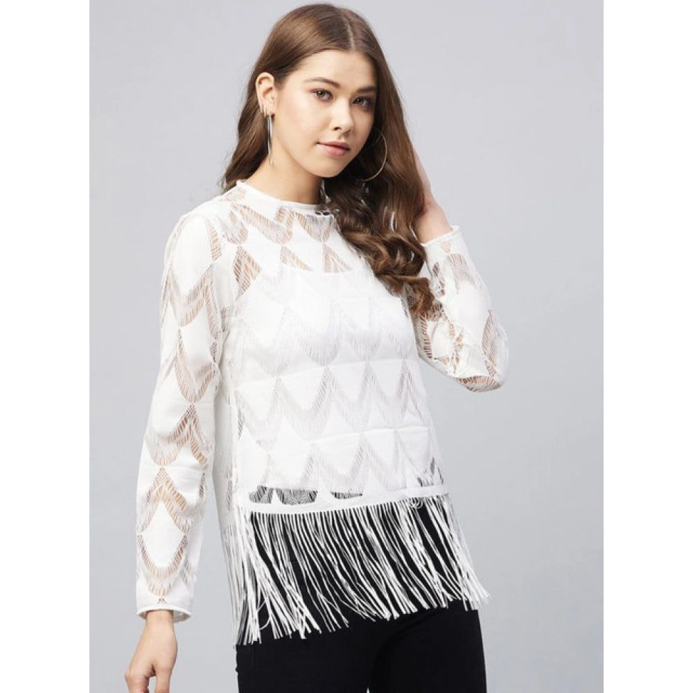 Women'S Lace Self Design Short Sleeve Top (White)