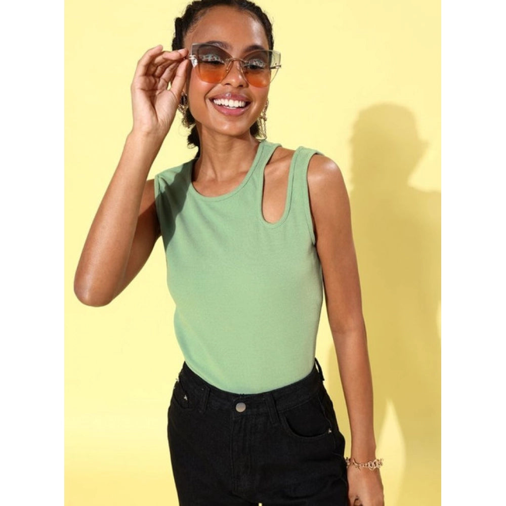 Women'S Polyester Lycra Solid Sleeveless Top (Green)