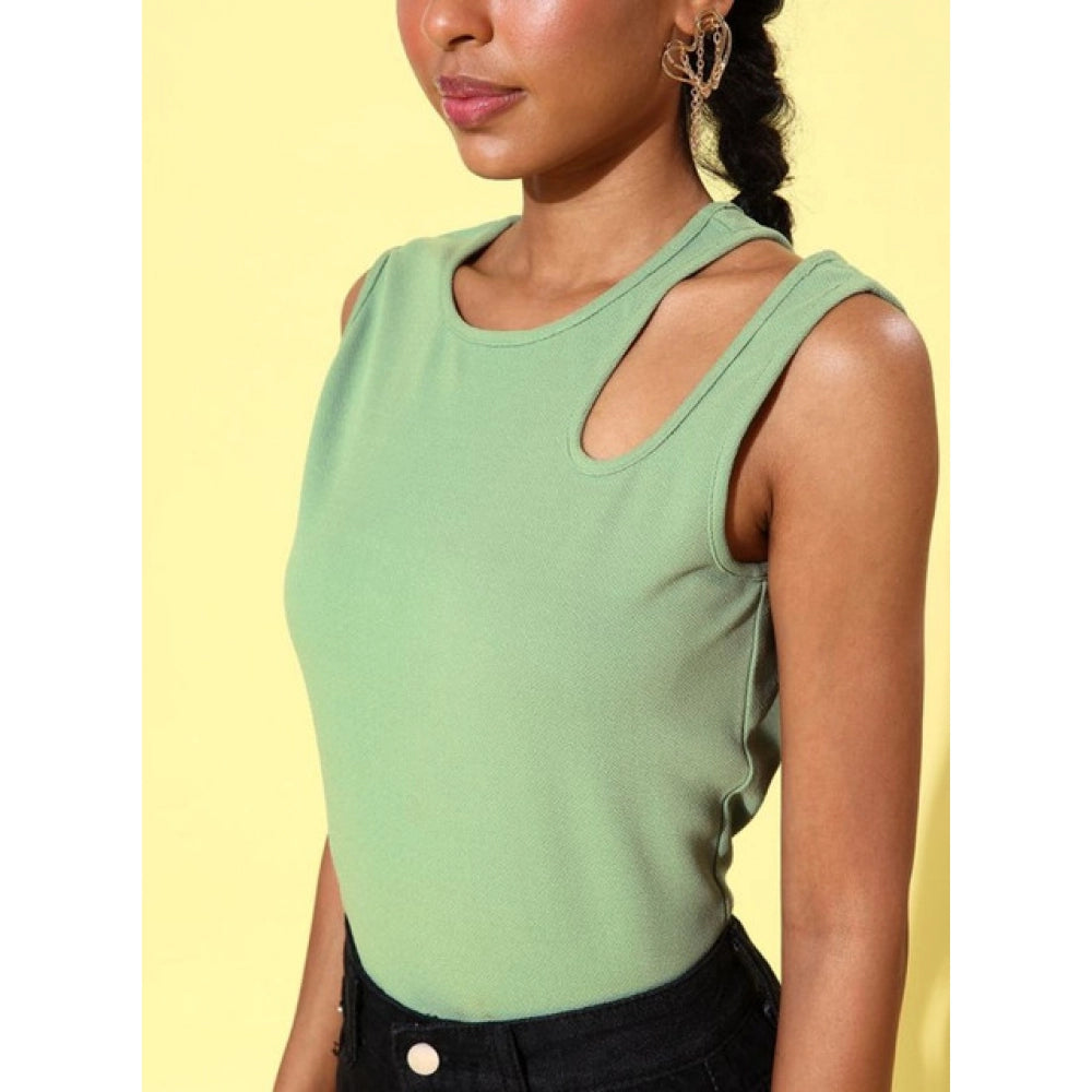 Women'S Polyester Lycra Solid Sleeveless Top (Green)