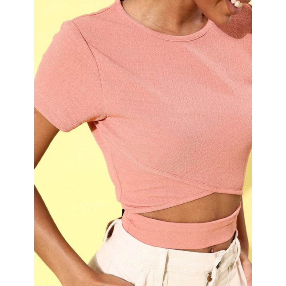 Women'S Polyester Lycra Solid Short Sleeve Top (Pink)