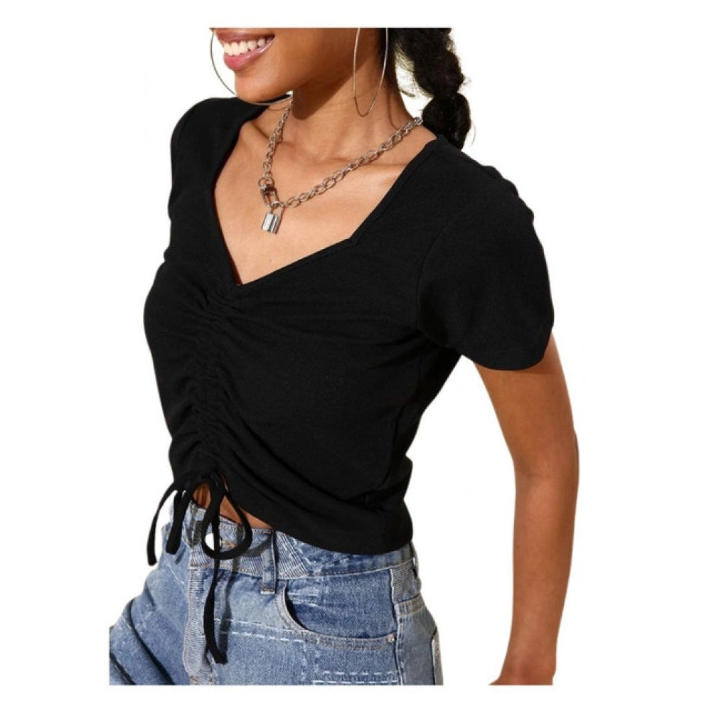 Women'S Polyester Lycra Solid Short Sleeve Top (Black)