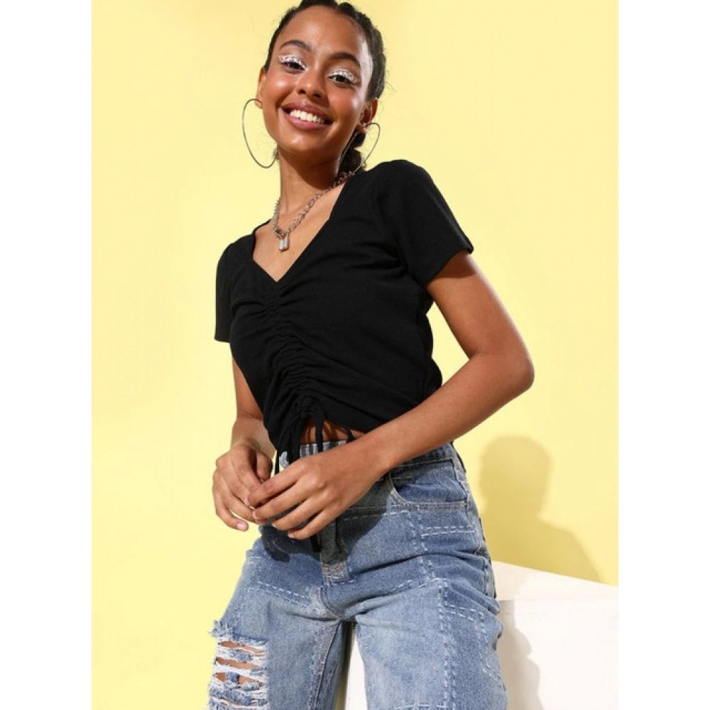 Women'S Polyester Lycra Solid Short Sleeve Top (Black)