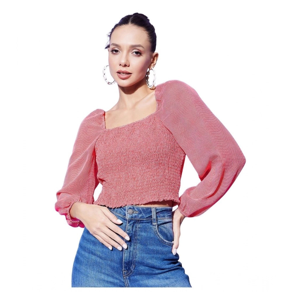 Women'S Polyester Floral Long Sleeves Top (Red)