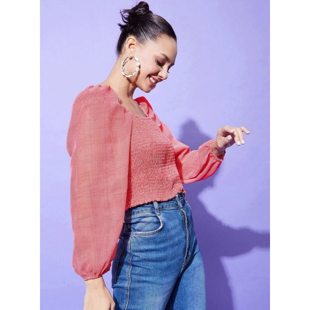 Women'S Polyester Floral Long Sleeves Top (Red)