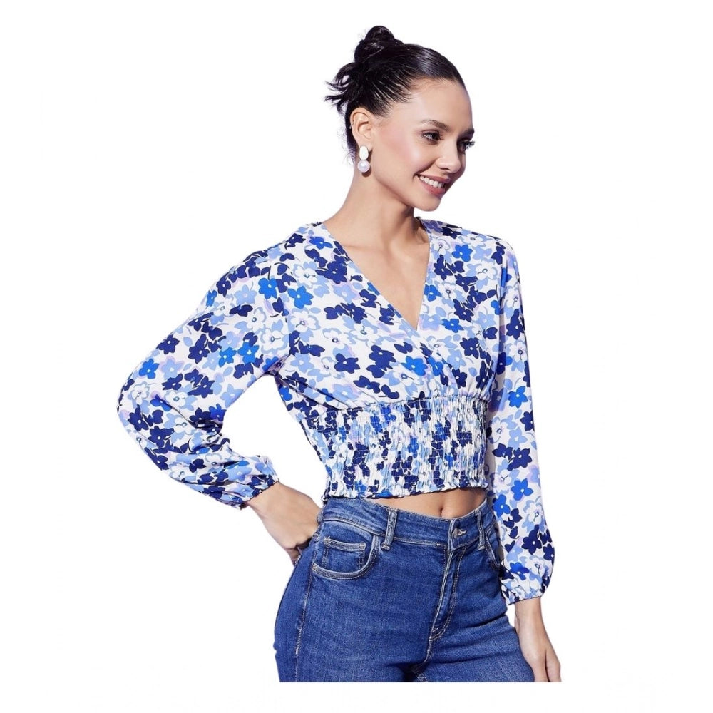 Women'S Polyester Floral Long Sleeves Top (Blue)