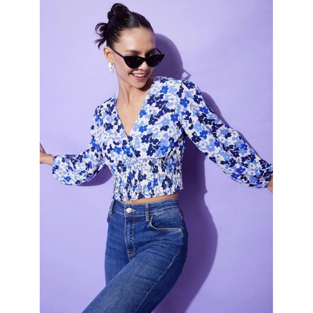 Women'S Polyester Floral Long Sleeves Top (Blue)