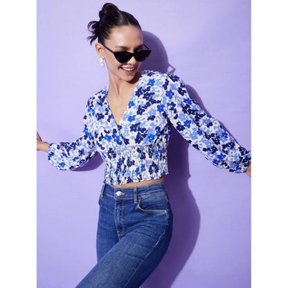 Women's Polyester Floral Long Sleeves Top (Blue)