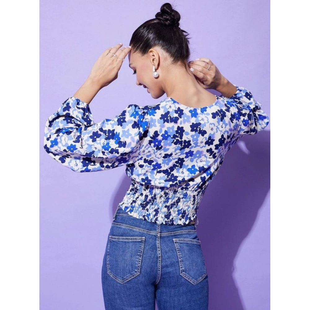 Women'S Polyester Floral Long Sleeves Top (Blue)