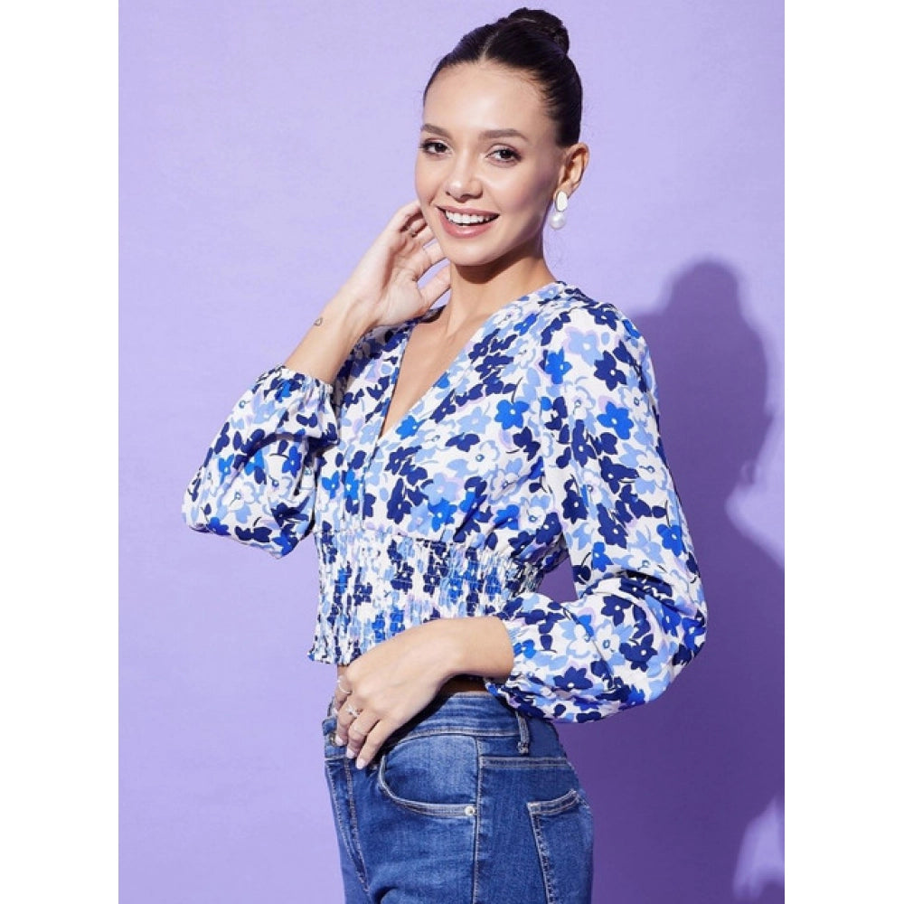 Women'S Polyester Floral Long Sleeves Top (Blue)