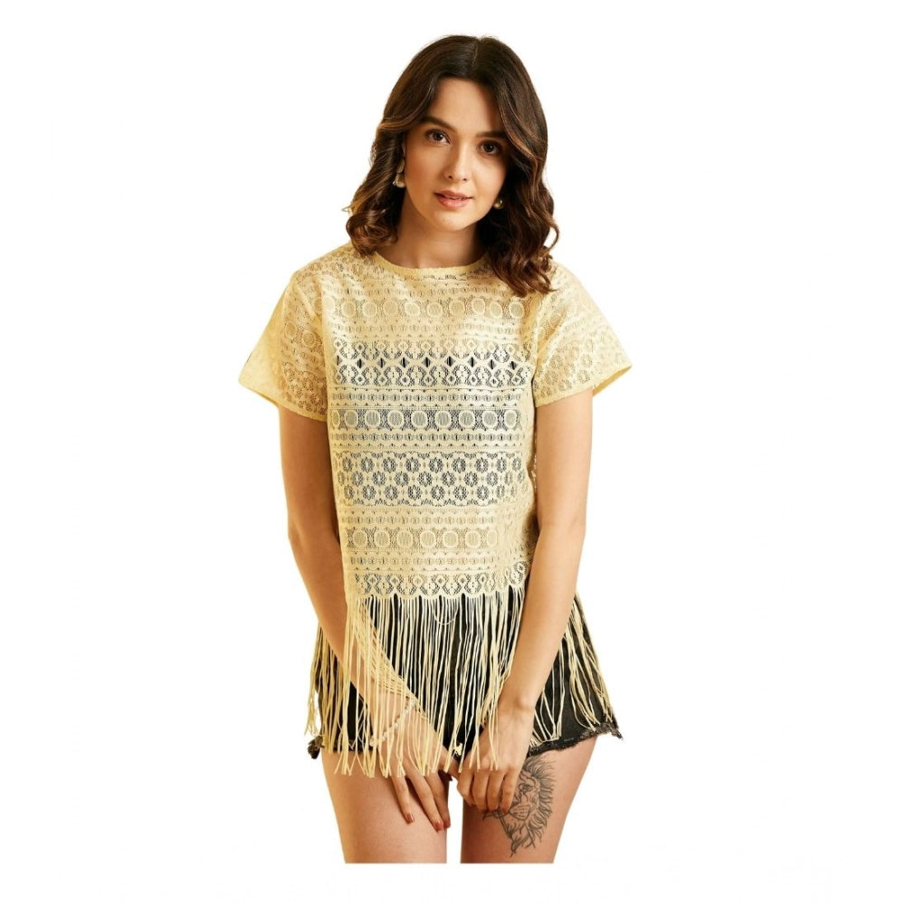 Women'S Polyester Lace Self Design Short Sleeve Top (Yellow)