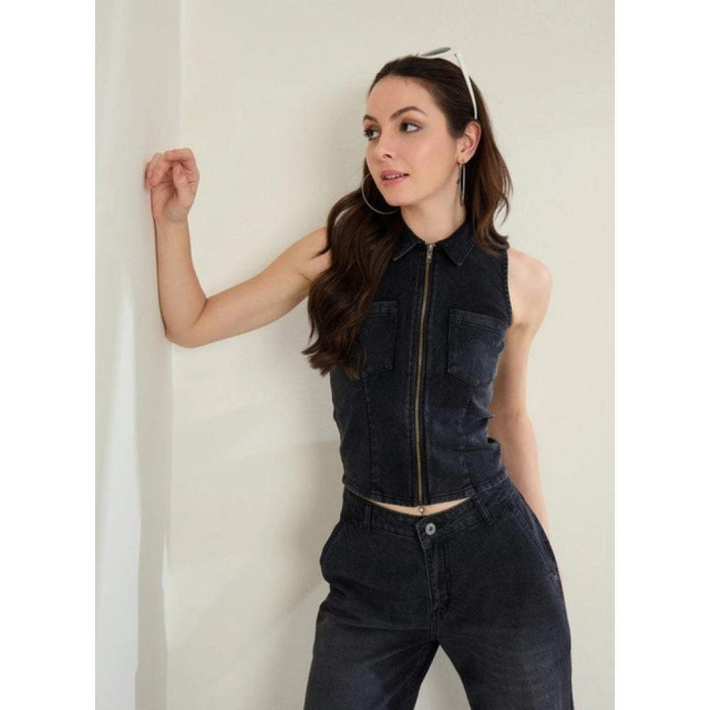 Women'S Denim Lycra Solid Sleeveless Top (Black)