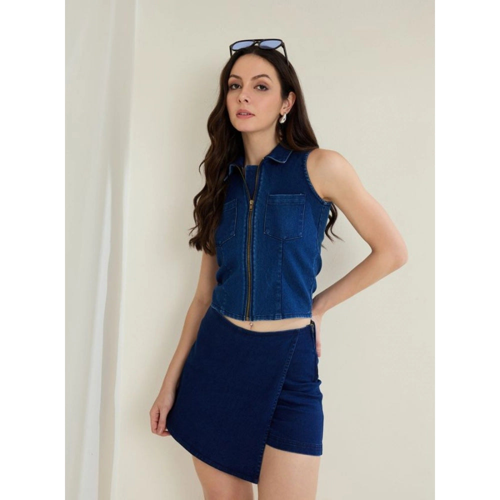 Women'S Denim Lycra Solid Sleeveless Top (Blue)