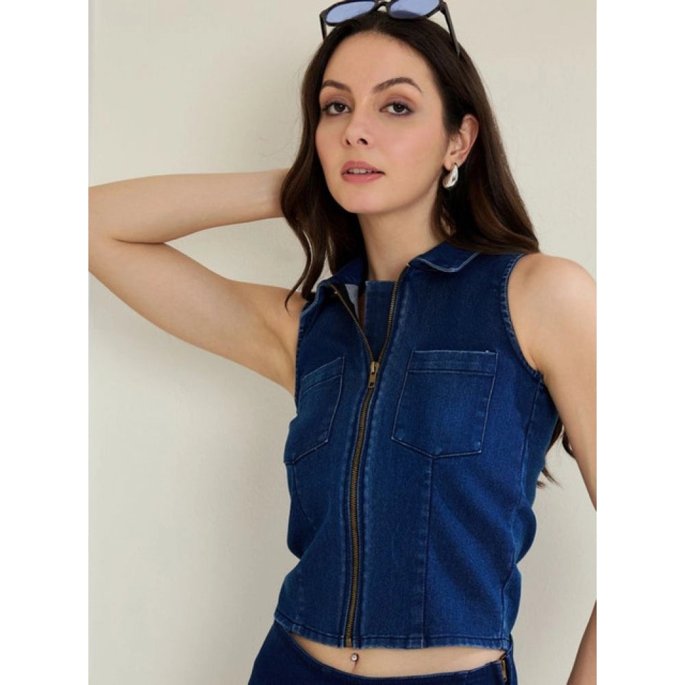 Women'S Denim Lycra Solid Sleeveless Top (Blue)