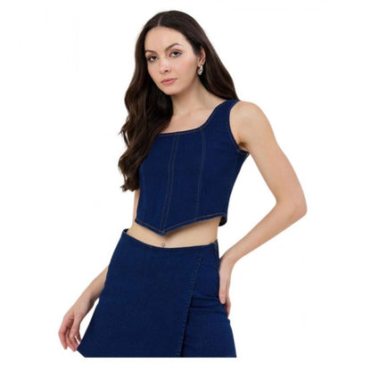 Women's Denim Lycra Solid Sleeveless Top (Blue)