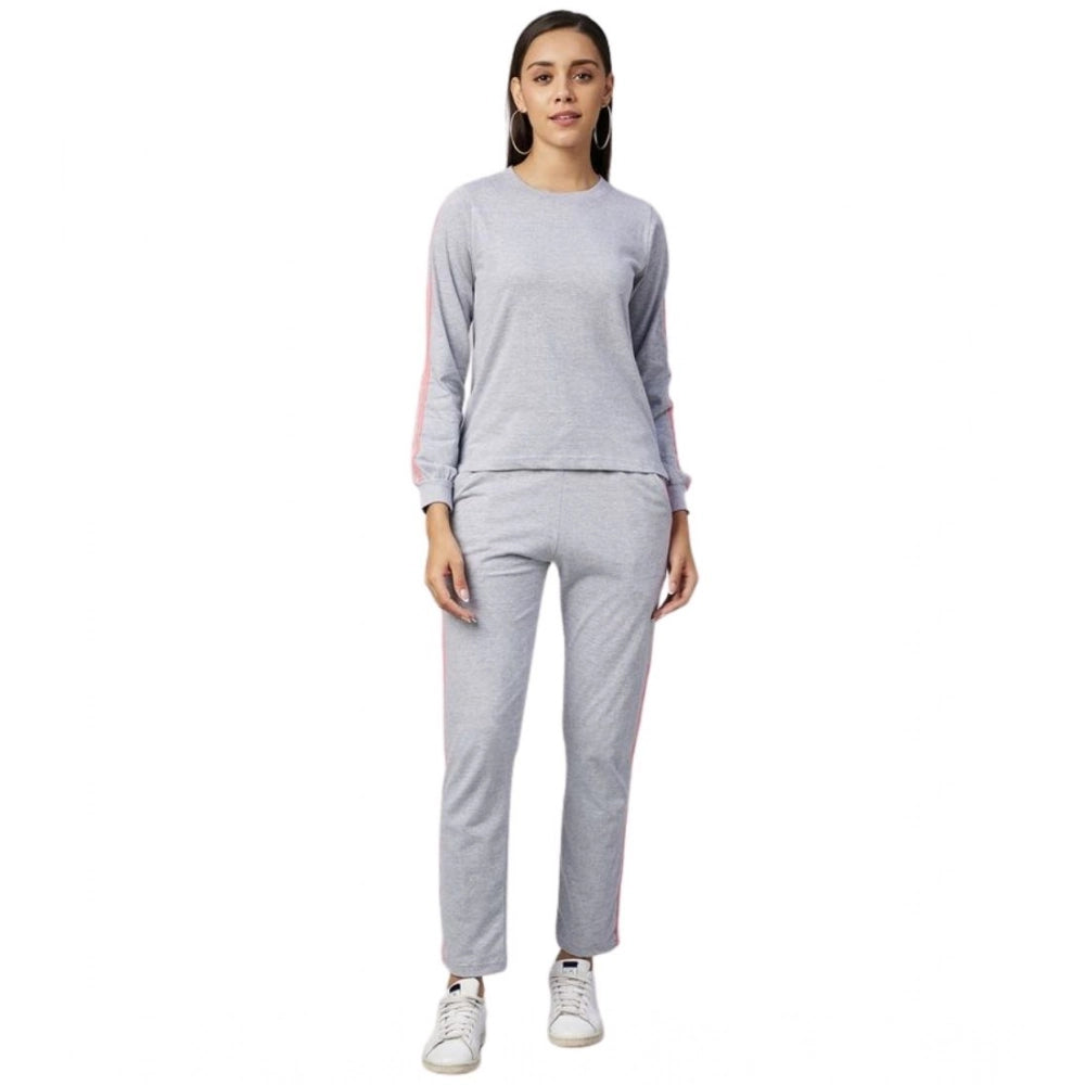 Women'S Cotton Solid Long Sleeves Tracksuit (Light Grey - Pink