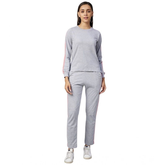 Women'S Cotton Solid Long Sleeves Tracksuit (Light Grey - Pink