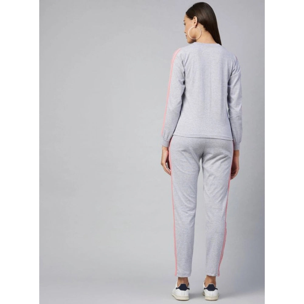 Women'S Cotton Solid Long Sleeves Tracksuit (Light Grey - Pink