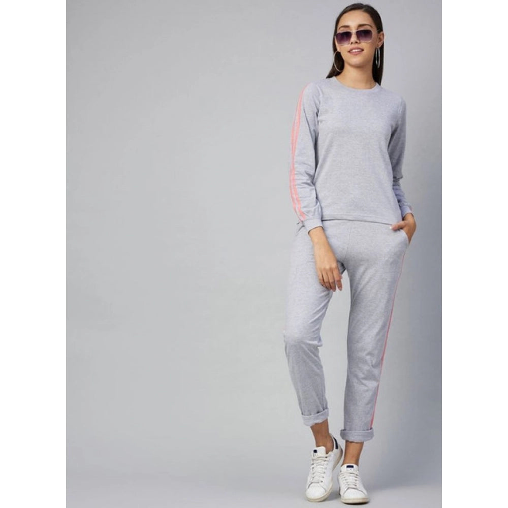 Women'S Cotton Solid Long Sleeves Tracksuit (Light Grey - Pink