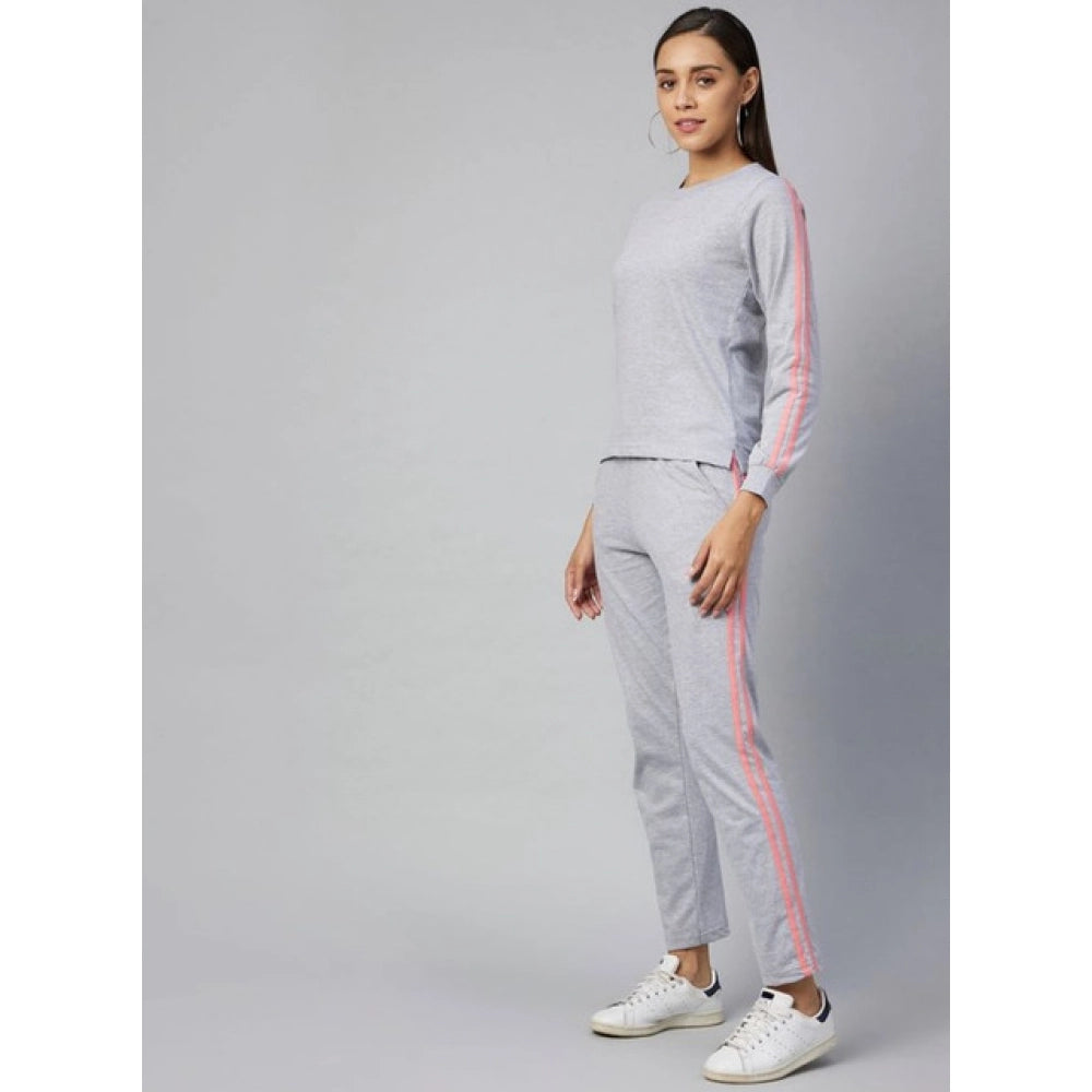 Women'S Cotton Solid Long Sleeves Tracksuit (Light Grey - Pink