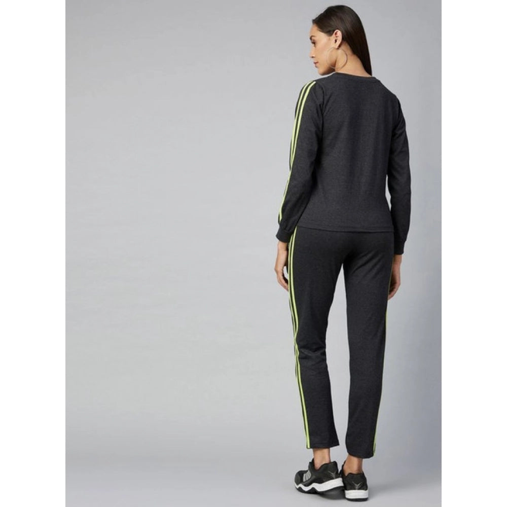 Women'S Cotton Solid Long Sleeves Tracksuit (Dark Grey - Green
