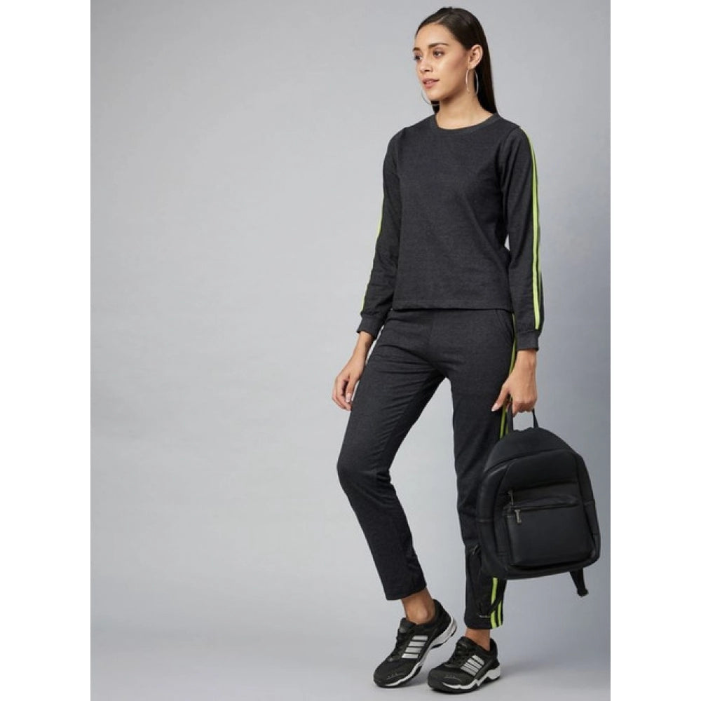 Women'S Cotton Solid Long Sleeves Tracksuit (Dark Grey - Green