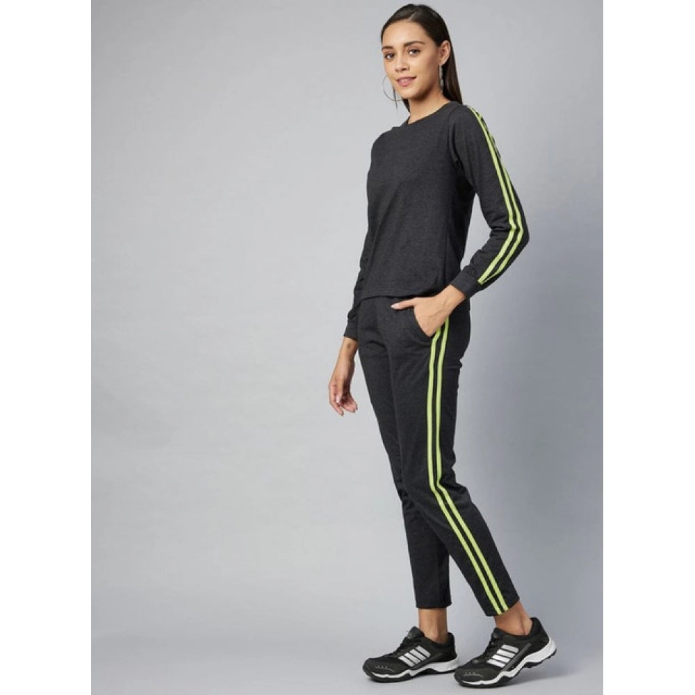 Women'S Cotton Solid Long Sleeves Tracksuit (Dark Grey - Green