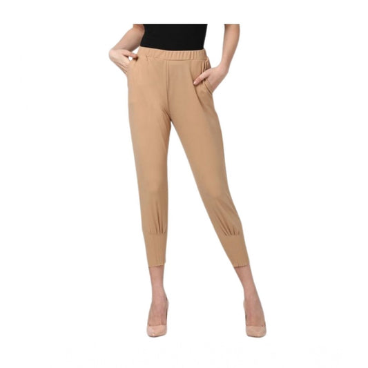 Women'S Polyester Solid Elasticated Trousers (Beige)
