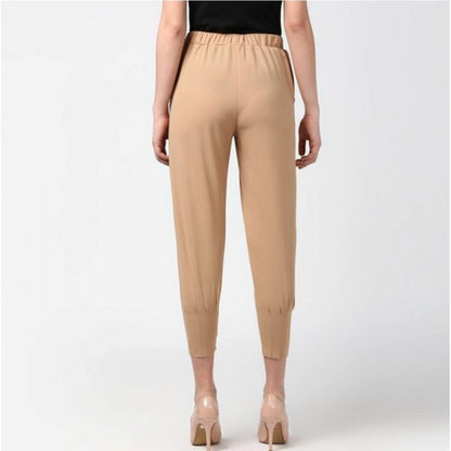 Women's Polyester Solid Elasticated Trousers (Beige)
