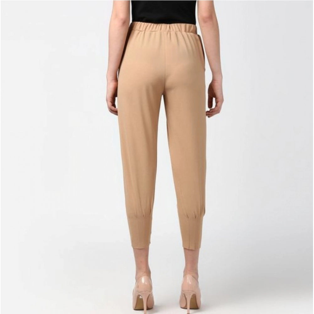 Women'S Polyester Solid Elasticated Trousers (Beige)