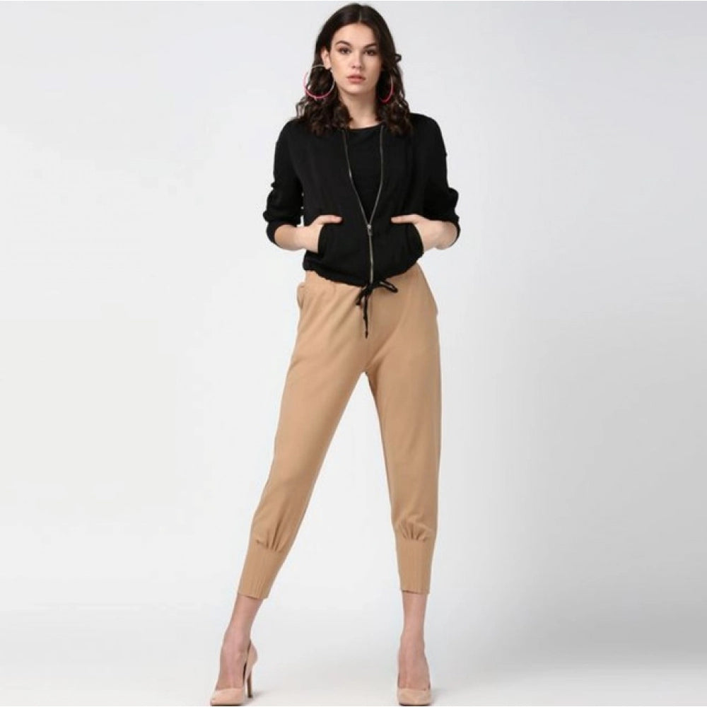 Women'S Polyester Solid Elasticated Trousers (Beige)