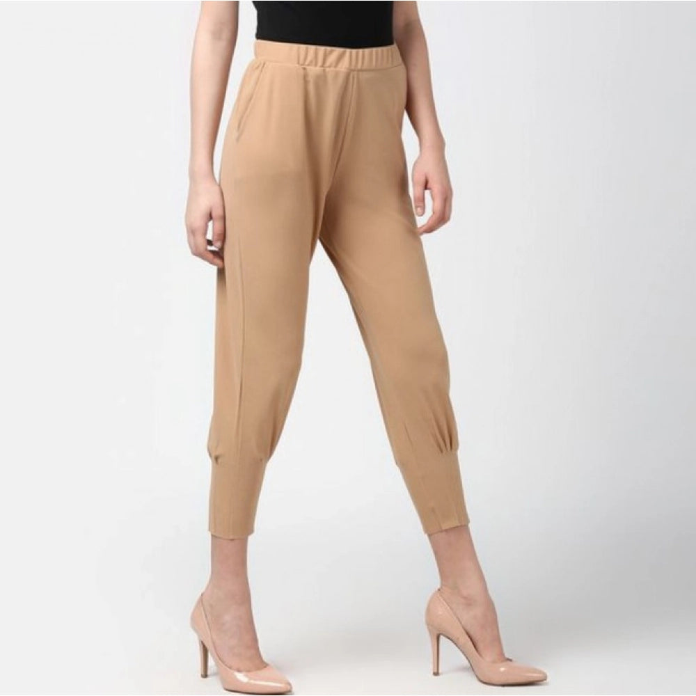 Women'S Polyester Solid Elasticated Trousers (Beige)