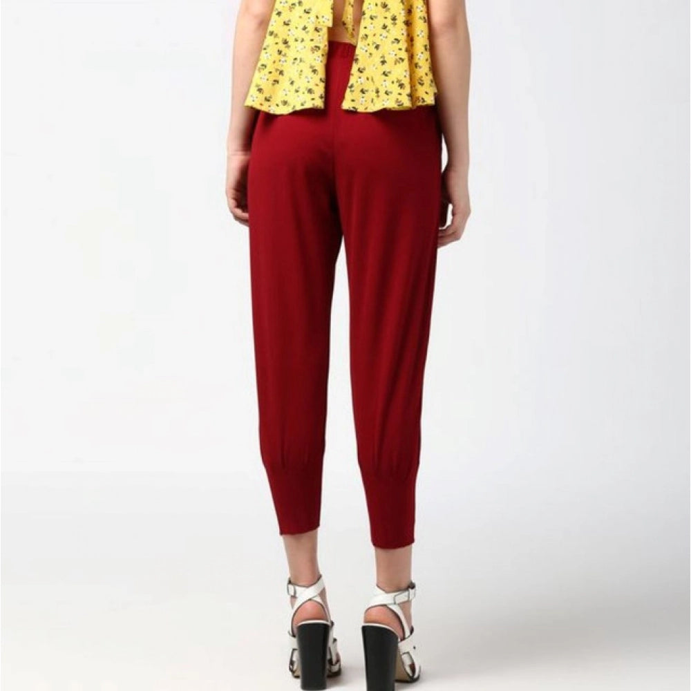 Women'S Polyester Solid Elasticated Trousers (Maroon)