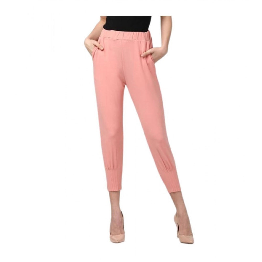 Women'S Polyester Solid Elasticated Trousers (Pink)