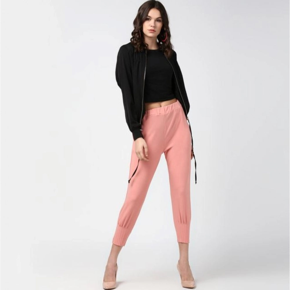 Women'S Polyester Solid Elasticated Trousers (Pink)
