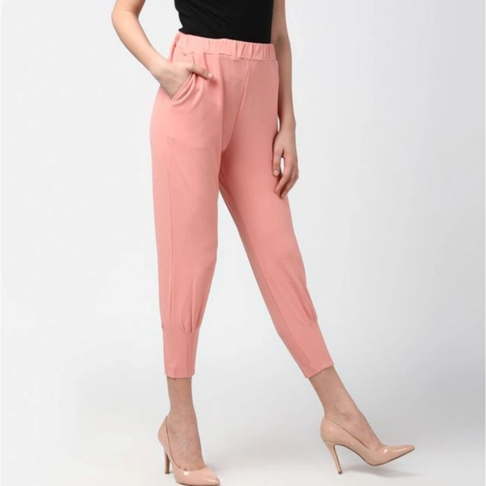 Women'S Polyester Solid Elasticated Trousers (Pink)
