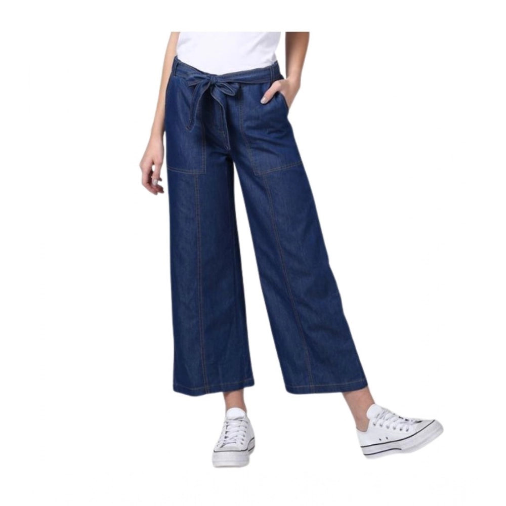 Women'S Denim Solid Elasticated Trousers (Blue)