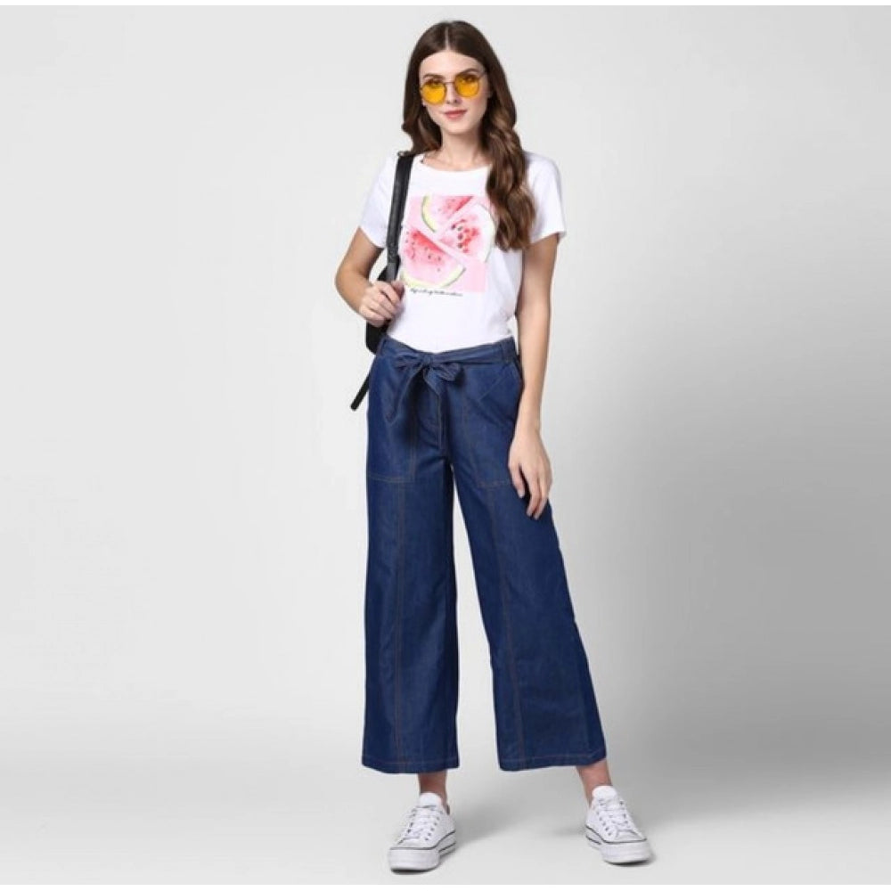 Women'S Denim Solid Elasticated Trousers (Blue)