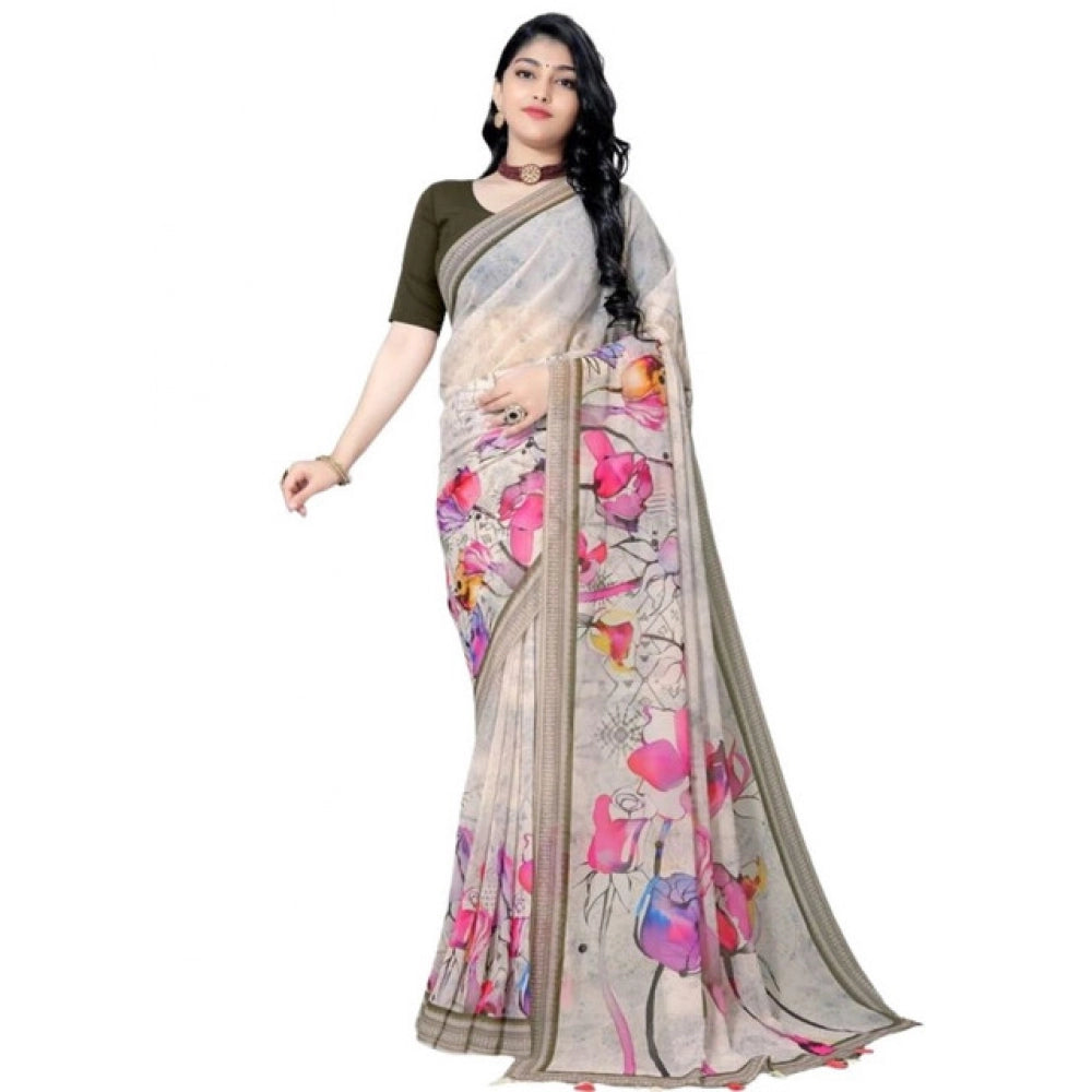 Women's Georgette Floral Printed Saree With Unstitched Blouse 5.5Mtr (Beige) - VANSHELLE