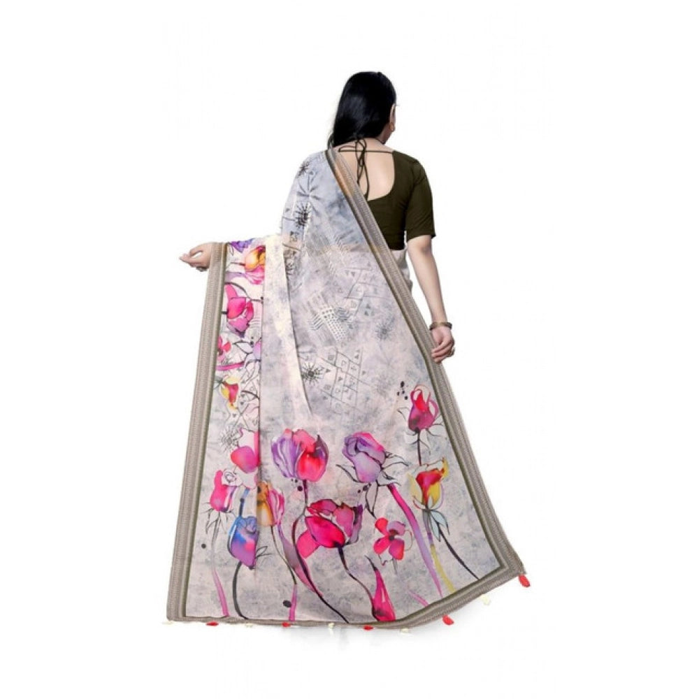 Women's Georgette Floral Printed Saree With Unstitched Blouse 5.5Mtr (Beige) - VANSHELLE